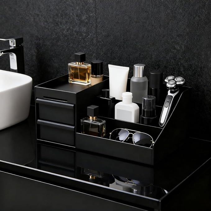 Black Cologne Organizer for Men,Large Perfume Stand Holder with Drawers,Cologne Stand,Shelves for Perfumes,Organizador de Perfumes,Dresser Organizer Countertop for Mens Bathroom & Bedroom Storage