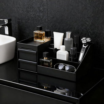 Black Cologne Organizer for Men,Large Perfume Stand Holder with Drawers,Cologne Stand,Shelves for Perfumes,Organizador de Perfumes,Dresser Organizer Countertop for Mens Bathroom & Bedroom Storage