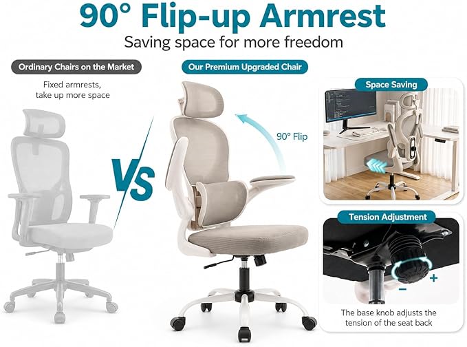 Ergonomic Office Chair with Adjustable Headrest & Lumbar Support, High Back Mesh Desk Chair, 330 LBS Capacity Swivel Computer Chair with Flip-Up Arms, Home Office Gaming Chair(Grey)