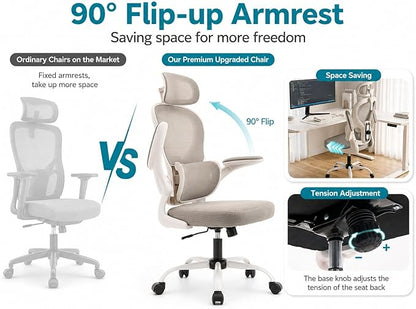 Ergonomic Office Chair with Adjustable Headrest & Lumbar Support, High Back Mesh Desk Chair, 330 LBS Capacity Swivel Computer Chair with Flip-Up Arms, Home Office Gaming Chair(Grey)