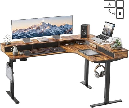 CubiCubi 63x48 Inches L Shaped Standing Desk with 3 Drawers and Monitor Shelf, Height Adjustable Corner Computer Desk with Hooks, Sit Stand Up Ergonomic Home Office Workstation Table, Rustic Brown
