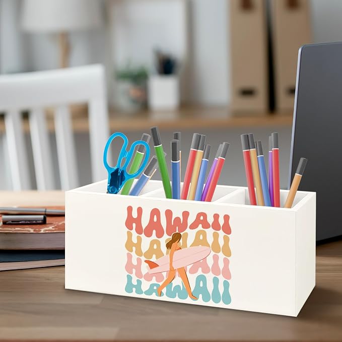 Hawaii Aloha Surf Girl Beach Wooden Pen Pencil Holder for Office Desk Accessories, Gifts for Beach Lovers Surf Enthusiasts Surfers Makeup Brush Toothbrush Holder Organizer