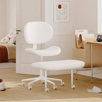 Pinmoco Upgraded Cross Legged Office Chair with Wheels, ADHD Chair for Adults, Wider Height Adjustable Backrest and Seat, Meditation Chair, Ergonomic & Yoga Office Chair, PU Leather, Beige, White