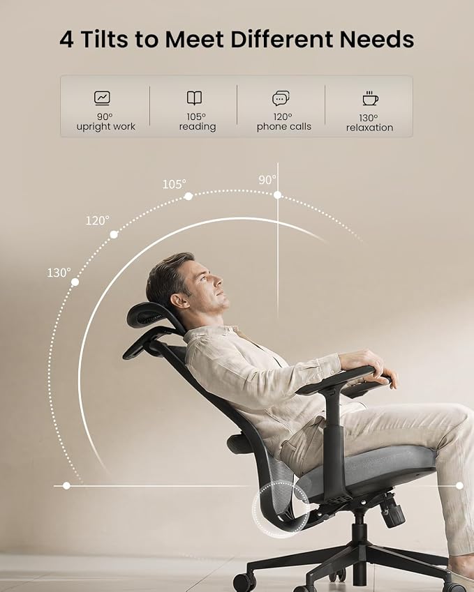 ProtoArc EC200 Ergonomic Office Chair, High-Back Mesh with Lumbar Support & Adjustable Seat Depth – Home Office Ergo Desk Chair Long-Hours Sitting for Remote Workers, Programmers - Grey