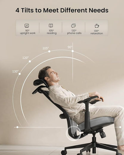 ProtoArc EC200 Ergonomic Office Chair, High-Back Mesh with Lumbar Support & Adjustable Seat Depth – Home Office Ergo Desk Chair Long-Hours Sitting for Remote Workers, Programmers - Grey