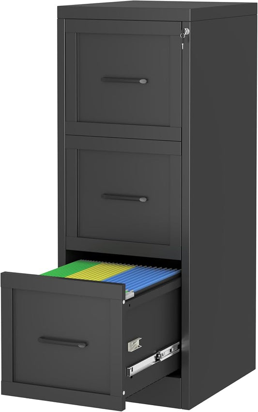 Small Metal 3-Drawer File Cabinet, Under-Desk Filing Cabinet, Black | Locking, Adjustable Hanging Rail, Fit A4, FC, Letter, Hanging File Folders for Home Office Storage Organization, 1PS