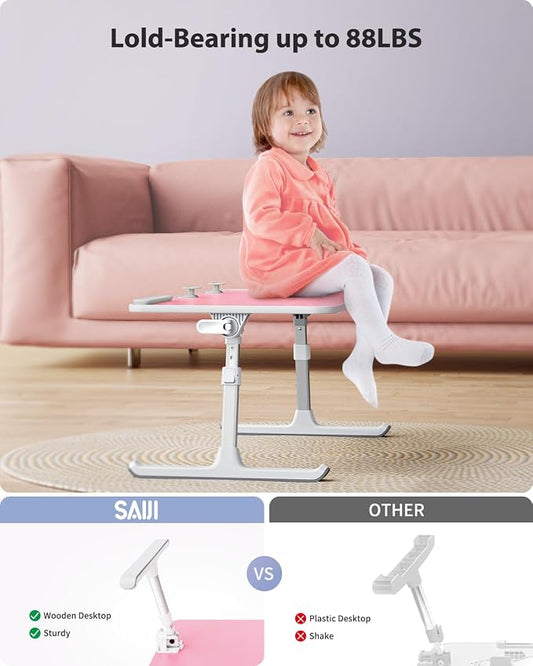 SAIJI Height & Angle Adjustable Laptop Stand for Bed, Lap Desk Bed Tray Table, Light Weight Foldable Portable Laptop Table for Couch Sofa Chair Floor Desk for Adults, Kids (Pink)