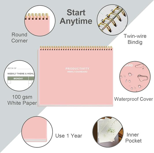 Weekly Productivity Dashboard - 8.5" x 11" Dashboard Desk Notepad Has 6 Focus Areas to List Tasks for Goals, Projects, Clients, Academic or Meal-Organize Your Daily Work Efficiently, 54 Weeks, Light Pink