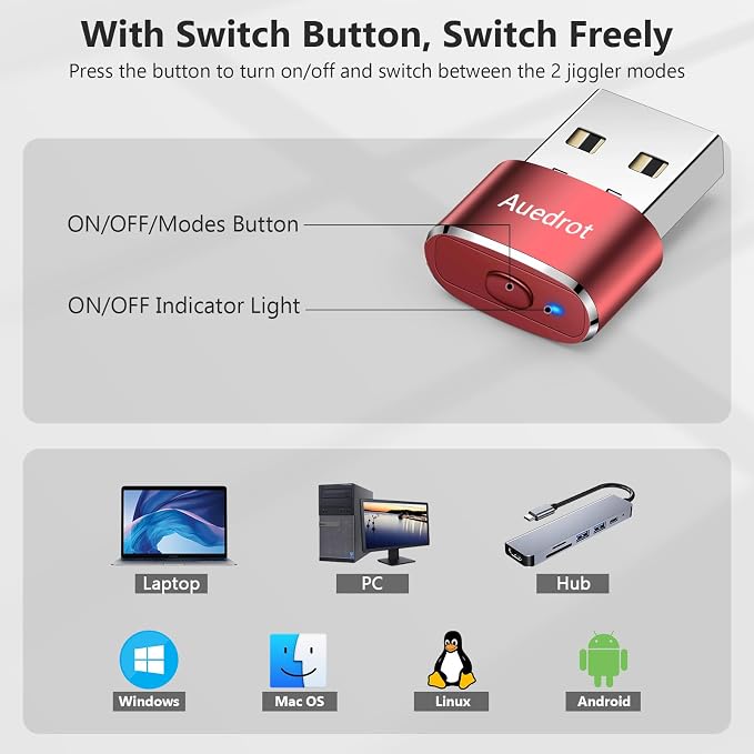 Auedrot Mouse Jiggler USB Mover with Switch Button, Automatic Mouse Wiggler with 2 Jiggle Modes, Plug & Play, Keep Computer/Laptop Awake, Orange