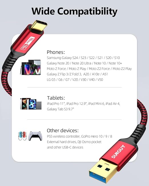 SUNGUY 10Gbps USB C 3.1 Gen 2 Cable, [2-Pack, 4FT] USB A to USB C 3A Fast Charging Android Auto USB C CarPlay Cable, for iPhone 17/16/15 Pro Max, Galaxy S22 S21 Note 20, Pixel 6 5 (Red)