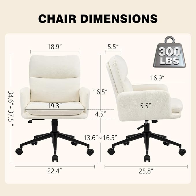 Comfortable Home Office Chair, Upholstered Desk Chair with Double-Layer Cushioning, Adjustable Height Swivel Task Chair with Padded Armrests, Rolling Wheels and Metal Base, Ivory White