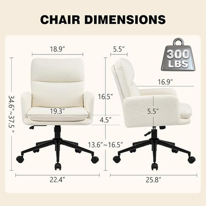 Comfortable Home Office Chair, Upholstered Desk Chair with Double-Layer Cushioning, Adjustable Height Swivel Task Chair with Padded Armrests, Rolling Wheels and Metal Base, Ivory White