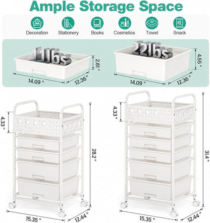 SYKIARIOL 4 Drawer Rolling Storage Cart with Pegboard Top and Hooks, Mobile Organizer Cart with Wheels for Office Supplies, Craft Storage, Classroom Organization, Home Utility Cart, White