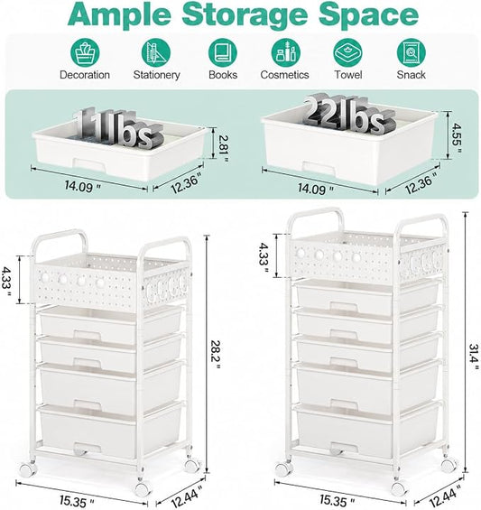 SYKIARIOL 4 Drawer Rolling Storage Cart with Pegboard Top and Hooks, Mobile Organizer Cart with Wheels for Office Supplies, Craft Storage, Classroom Organization, Home Utility Cart, White