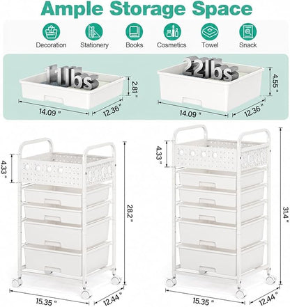 5 Drawer Rolling Storage Cart with Pegboard Top and Hooks, Mobile Utility Organizer with Wheels for Office Supplies, Craft Storage, Classroom Organization, Home Storage Cart, White