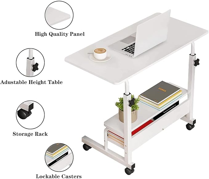 Adjustable Height Mobile Computer Desk for Small Space Rolling Writing with Wheels Corner Home Office Study Portable Bedrooms Work Size 31.5x15.7 Inch Storage Gaming Table, White A