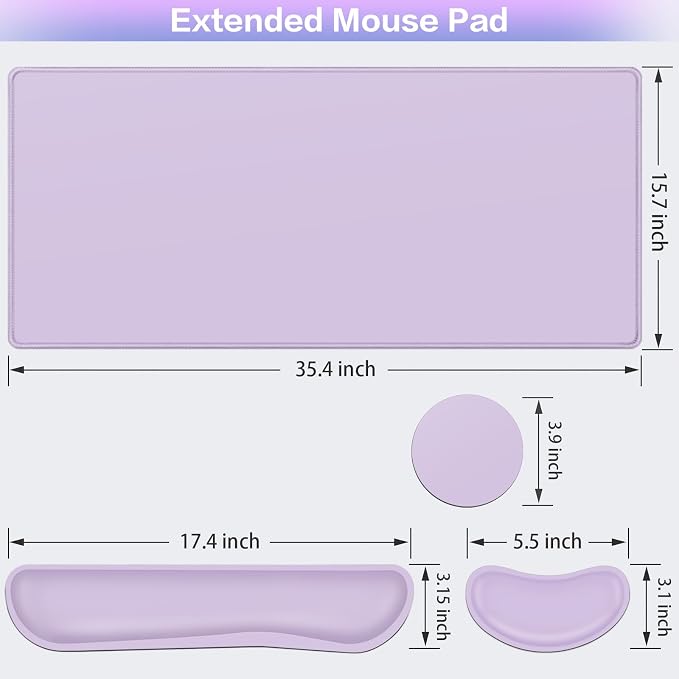 Desk Mat Purple, Large Gaming Mouse Pad with Wrist Rest, 4in1 XXL Mousepad+Keyboard Wrist Rest+Mouse Pad Wrist Support+Cup Coaster Set Ergonomic Computer Desk Arm Wrist for Decor Home Office Women