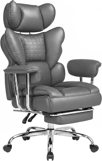 DUMOS Big and Tall Office Chair 400 LBS, Scratch-Resistant PU Leather Executive Office Desk Chair with Footrest, Ergonomic Reclining Computer Chairs with Pocket Spring Support, Grey