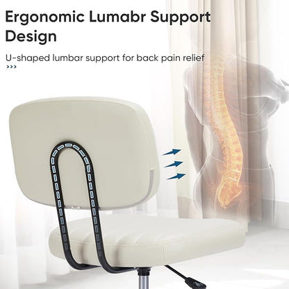 DUMOS Small Office Desk Chair - Armless PU Leather with Comfy Lumbar Support, Height Adjustable Rolling Swivel Task for No Arms, for Adult, Student, Bedroom, Home, Vanity, Beige White