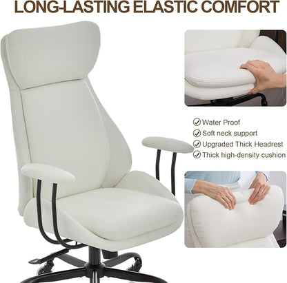 E-Motie Office Chair, Leather Desk Chair with Rubber Wheels, Ergonomic Computer Chair 500 LBS with Lumbar Support, High Back Executive Chair for Modern Home Office, White