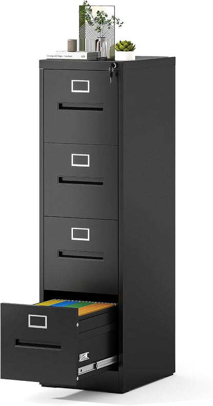 4 Drawer File Cabinet with Lock, Metal Vertical Filing Cabinet for Home Office, Office Furniture for Organization Hanging Files for A4/ Legal/Letter, Heavy Duty Storage Cabinet,Require Assembly-Black