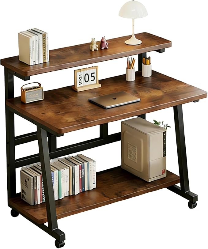 31.5 Inch Rolling Computer Desk for Small Spaces, Monitor Stand & 3-Tier Storage with Lockable Wheels, Easy Assembly for Bedroom, Dorm & Apartment