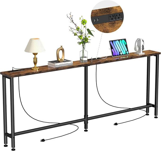 Keelian 102" Narrow Console Sofa Table - 2 Power Outlets & 4 USB Ports, Metal Frame, Rustic Brown, Perfect for Hallway, Office, and Behind Sofa - Easy Assembly, 4.9' Extension Cord Included
