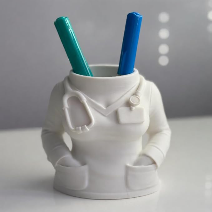 3D Printed Doctor Coat Pen Holder - Realistic Medical Desk Organizer with Stethoscope, White Doctor Sculpture Pen Cup for Office, Nurse, Medical Student Gift 4.1" x 2.5" x 3.9" (Female Doctor Style)