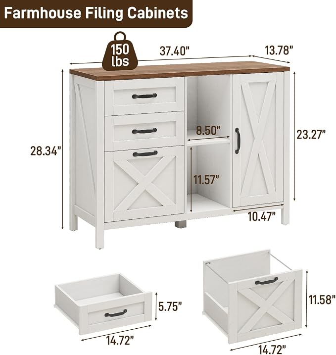 Halitaa 3 Drawer File Cabinet, Farmhouse Style Lateral Filing Cabinet Suitable for Letter or A4 Size Files, Wooden Home Office Storage with Adjustable Shelf and Printer Stand, White and Brown