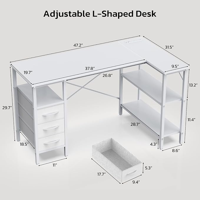 Simple Deluxe L Shaped Gaming Desk with Power Outlets, 47 Inch Computer Desk with 3 Drawers, Shelves, Corner Computer Desk for Gaming, Corner Work, Home Office, Study, White