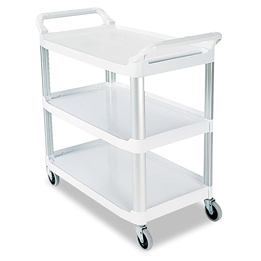 Rubbermaid Commercial Products Heavy Duty 3-Shelf Rolling Service/Utility/Push Cart, 300 lbs. Capacity, Black, for Foodservice/Restaurant/Cleaning