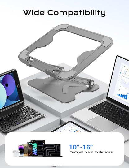 JCZT Adjustable Laptop Stand for Desk, Metal Foldable Laptop Riser, Portable Laptop Holder Mount, Ventilated Cooling Computer Notebook Stand for MacBook Air Pro, All 10-16'' Notebooks Laptops Grey