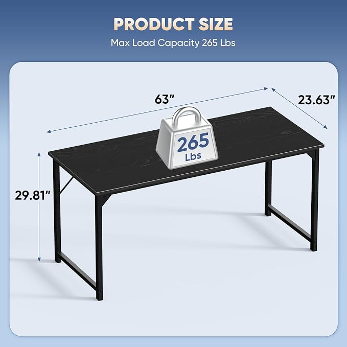 DUMOS 63 Inch Computer Desk Writing Gaming Study Work Large Desks for Bedroom Home Office with Metal Frame Simple Modern PC Compact Table Workstation, Wood Black