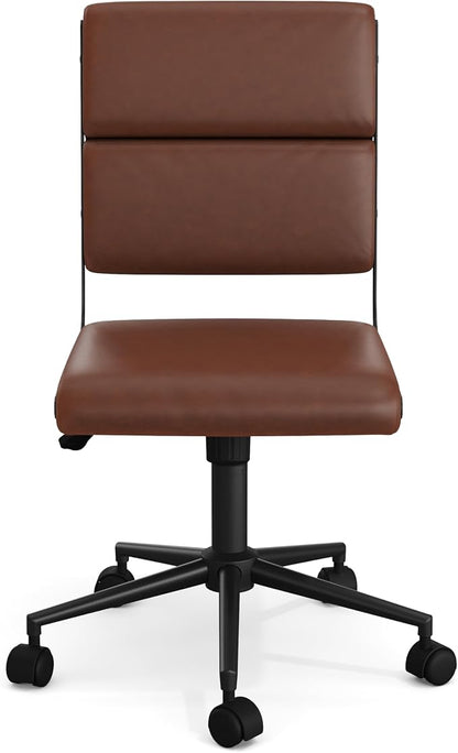 Martha Stewart Lulu Swivel Task Chair with Height Adjustable Seat for Home Office in Saddle Brown Faux Leather with Oil Rubbed Bronze Frame