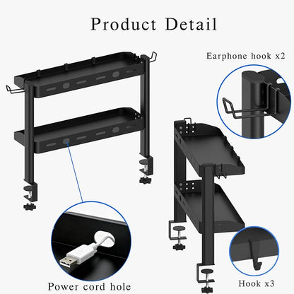 Clamp on Desk Shelf, 17in 2-Tier Office Desk Shelves Organizer, Small Shelf for Top of Desk with Headphone Holder and Hooks, Desktop Storage Rack for Home Workspace, Study Rooms, Gaming Accessories