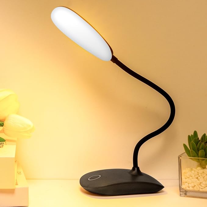 Battery Powered Desk Lamp, Portable Lamps Rechargeable 3 Color Modes Touch Control Stepless Dimming, Wireless Desk Lamp with 2000mAh, Small LED Table Light for Dorm Study Office Bedroom,Black