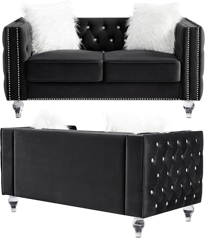 mikibama Velvet Loveseat with Buttons and Square Arms 59 Inch Tufted Sofa with Trimmed Nailhead and Acrylic Legs Loveseat Couch for Living Room, Bedroom (Black-Crystal Legs, Loveseat)