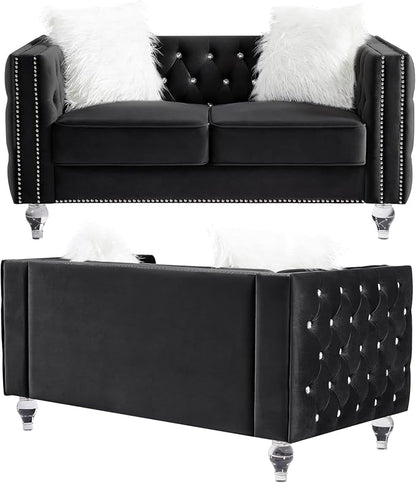 mikibama Velvet Loveseat with Buttons and Square Arms 59 Inch Tufted Sofa with Trimmed Nailhead and Acrylic Legs Loveseat Couch for Living Room, Bedroom (Black-Crystal Legs, Loveseat)