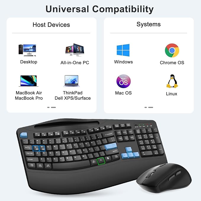 Wireless Keyboard and Mouse Combo, 2.4G Full Size Wave Keys Ergonomic Keyboard with Wrist Rest, Phone Holder, 3-Level DPI Wireless Silent Mouse with 6-Buttons, for Windows, Mac OS, Laptop (Blue Black)