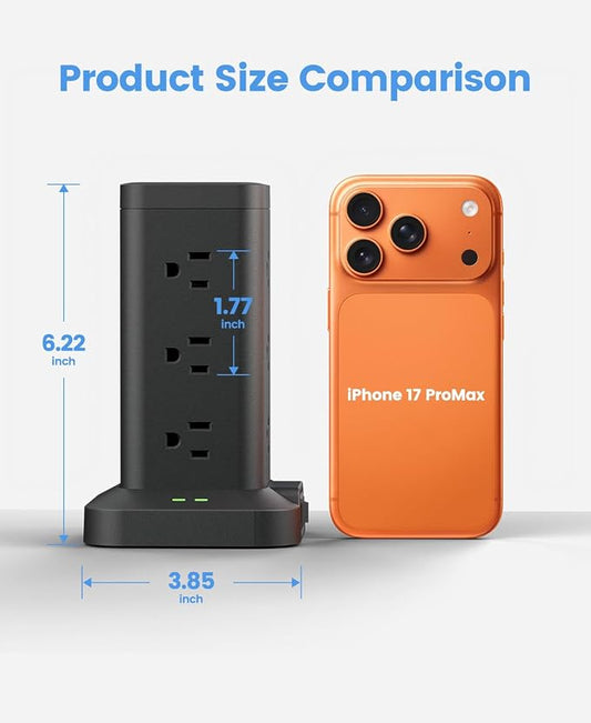 1800J Surge Power Strip Tower 1800J Fast Charging PD20W USB-C Black 10FT | 15-in-1 outlets with 12 AC plug, 2 USB-C & 1 USB-A; 10ft extension cords with multiple outlets; for home office dorm room;