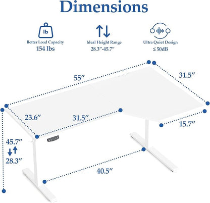 Klicelor L Shaped Standing Desk 55 x 31.5 Inch, Electric Height Adjustable Corner Desk for Home Office Workstation, Ergonomic Sit Stand Computer Table with Memory Controller, White