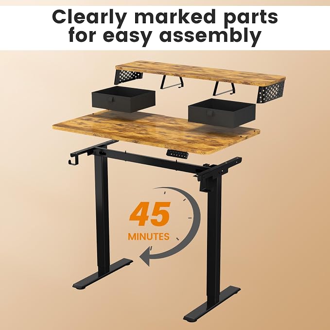 Electric Standing Desk with Two Drawers,40 x 24 Inch Sit Stand Desk Adjustable Height, Stand Up Desk with Storage Shelf, Computer Workstation for Home Office, Rustic Brown