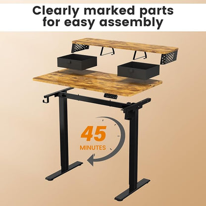 Electric Standing Desk with Two Drawers,40 x 24 Inch Sit Stand Desk Adjustable Height, Stand Up Desk with Storage Shelf, Computer Workstation for Home Office, Rustic Brown