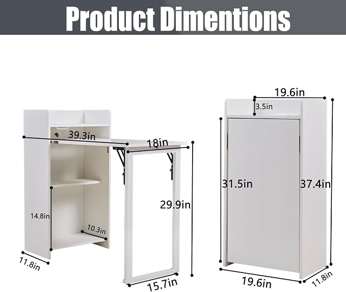 Fold Out Desk with Storage and Built-in Outlet, Mid Century Foldable Desk for Small Spaces, Hidden Folding Table for Home Office or Bedroom (White)