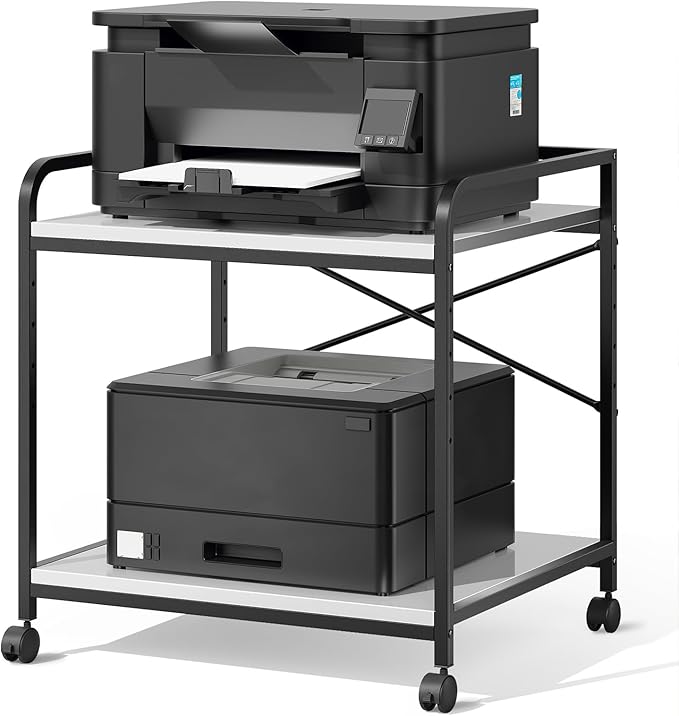 Printer Stand, 22''W X 20''D X 22.4''H 2 Tier Under Desk Printer Stand, 3D Large Printer Table with Height Adjustable Shelf, Rolling Printer Cart with Wheels for Home Office Organization, White