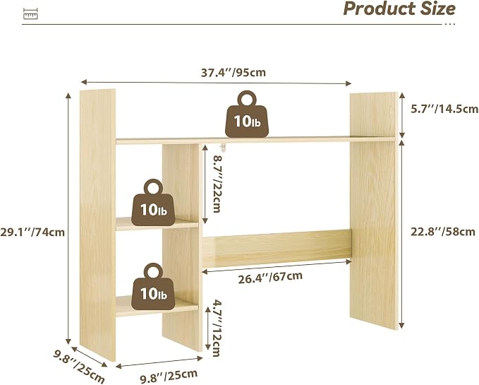 FTZxHKLX Desktop Bookshelf, 37.4’’ Wooden Desk Storage Hutch with 3 Shelves,4 Tier Multipurpose Display Shelf with Storage, Wooden Desk Shelf Organizer for Computer Desk, College Dorm, Office, Home
