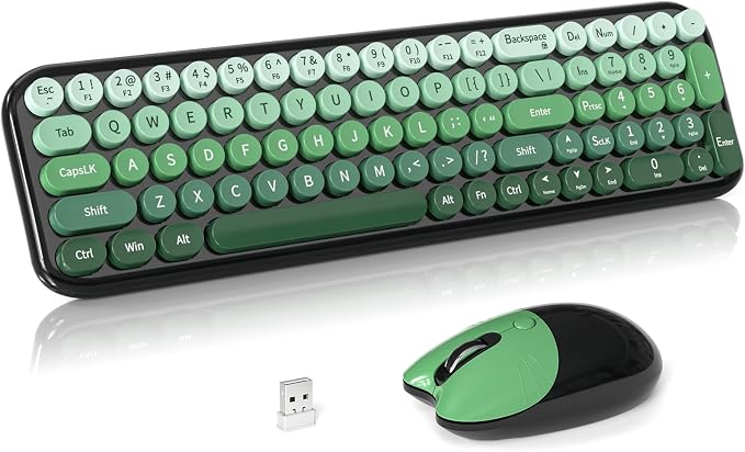 Wireless Keyboard and Mouse Combo, Meidosa 2.4GHz Colorful Full-Size Retro Typewriter Keyboard with Cat Shape 3 Level Adjustable Optical Mouse for PC/Desktop/Laptop/Windows (Black Green)