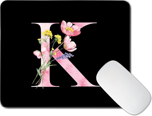 Mouse Pad Pinks Flowers Initial Letters Mousepad Desktop Laptop Computer Accessories Home Office Gaming Work Desk Computer Non-Slip Rubber Monogram Floral Alphabet A-Z mousepad (K)