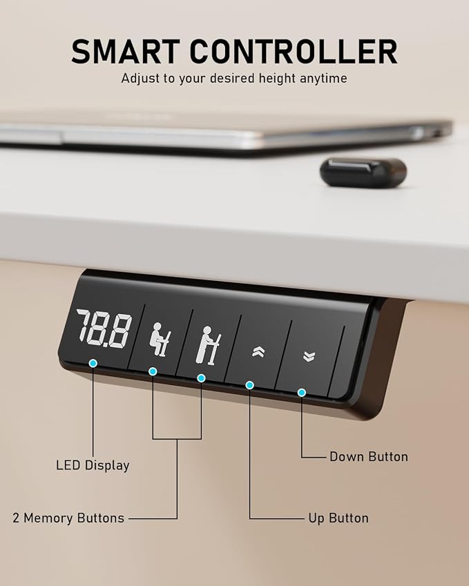 40" Electric Standing Desk Adjustable Height, Sit Stand up Desk for Home Office & Computer Workstation, 2 Memory Height Settings, Splice Board, 2 Hooks, White Frame/White Top