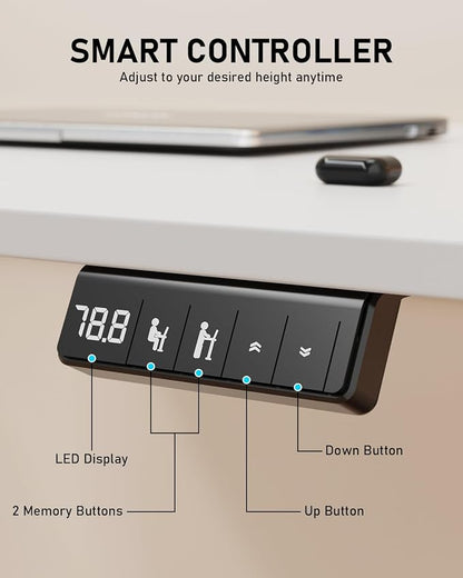 63" Electric Standing Desk Adjustable Height, Sit Stand up Desk for Home Office & Computer Workstation, 2 Memory Height Settings, Splice Board, 2 Hooks, White Frame/White Top